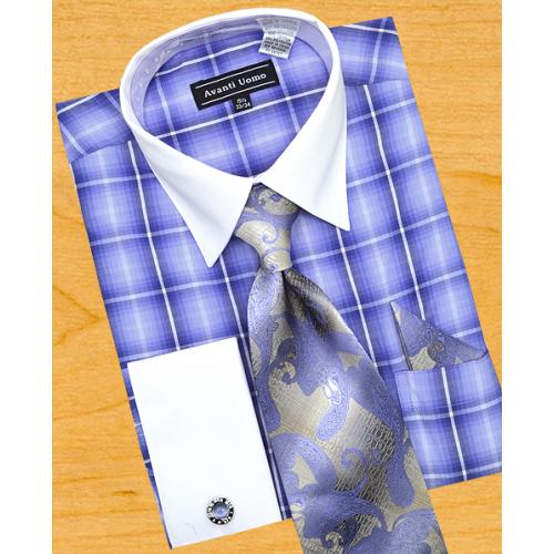 Avanti Uomo Royal Blue / Sky Blue / White Plaid Shirt / Tie / Hanky Set With Free Cufflinks DN52M